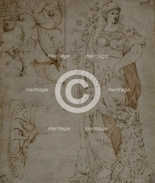 Three Sketches: Fortitude, a Sandal, and Grotesques (recto); Sketches of Grotesques..., 1560/69. Creator: Unknown.