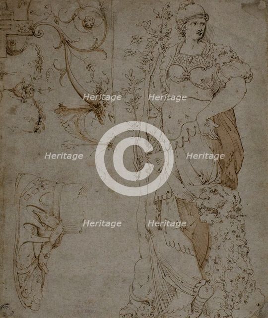 Three Sketches: Fortitude, a Sandal, and Grotesques (recto); Sketches of Grotesques..., 1560/69. Creator: Unknown.