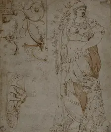 Three Sketches: Fortitude, a Sandal, and Grotesques (recto); Sketches of Grotesques..., 1560/69. Creator: Unknown