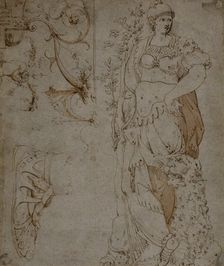 Three Sketches: Fortitude, a Sandal, and Grotesques (recto); Sketches of Grotesques..., 1560/69. Creator: Unknown