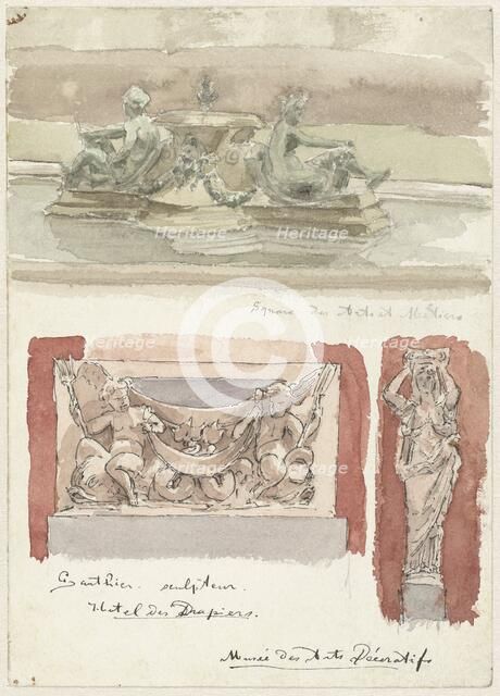 Three sketches of sculptures in the Museum of Decorative Arts in Paris, 1872-1904. Creator: Wilhelm Cornelis Bauer.