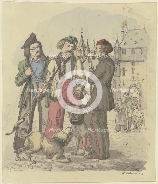 Three students smoking with two dogs, 1829. Creator: Jakob Dielmann.