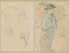 Three Studies of a Pig; Breton Boy Walking with a Jug [recto], 1884-1888. Creator: Paul Gauguin