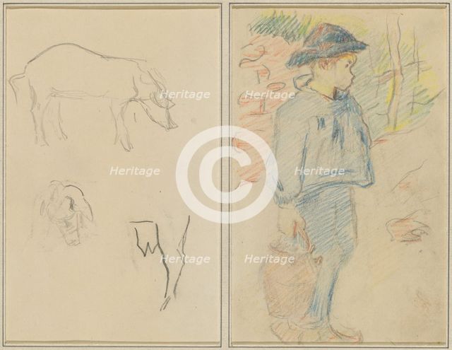 Three Studies of a Pig; Breton Boy Walking with a Jug [recto], 1884-1888. Creator: Paul Gauguin.