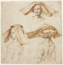Three Studies of a Woman Wearing an Elaborate Headdress, c. 1500. Creator: Anonymous