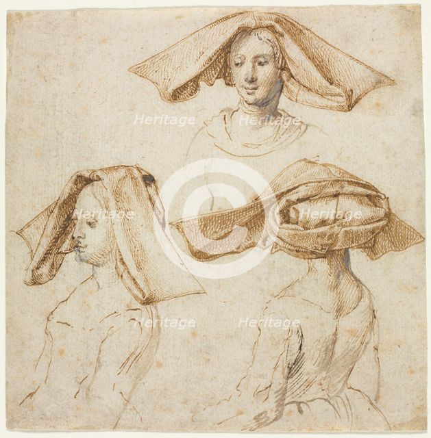 Three Studies of a Woman Wearing an Elaborate Headdress, c. 1500. Creator: Anonymous.