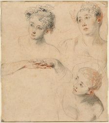 Three Studies of a Woman's Head and a Study of Hands [recto], 1718/1719. Creator: Jean-Antoine Watteau