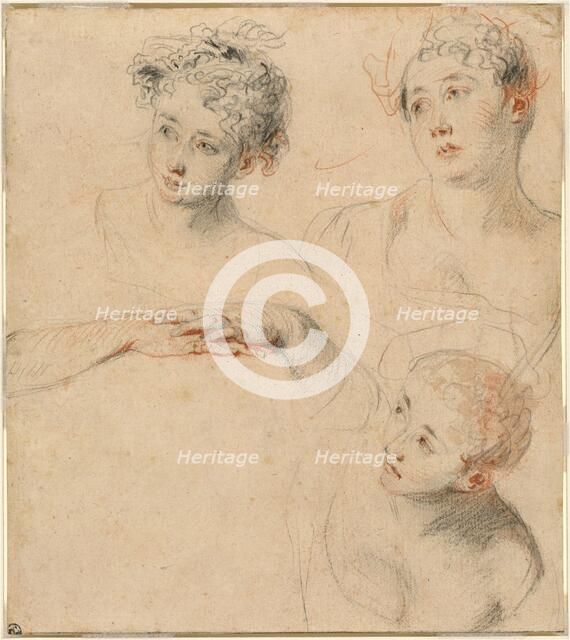 Three Studies of a Woman's Head and a Study of Hands [recto], 1718/1719. Creator: Jean-Antoine Watteau.