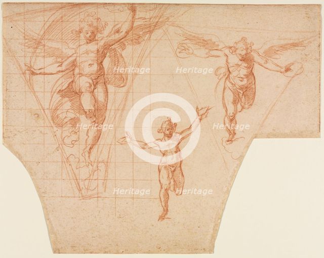 Three Studies of Angels for a Pendentive (recto), 1599/1604. Creator: Cristoforo Roncalli (Italian, 1552-1626).