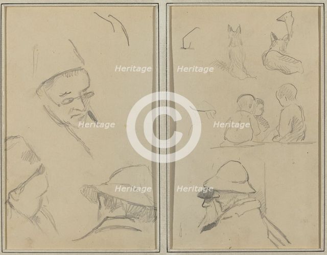 Three Studies of Men's Heads, One with Spectacles; Dogs, Children, and Two...[verso], 1884-1888. Creator: Paul Gauguin.