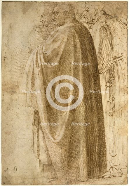 Three Standing Men in Wide Cloaks Turned to the Left, ca 1492-1496. Artist: Buonarroti, Michelangelo (1475-1564)