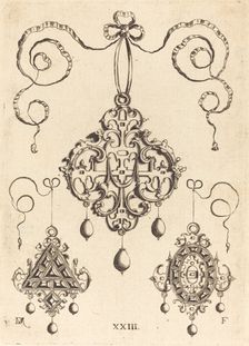 Three Strapwork Pendants, The Lower Ones Triangular and Oval. Creator: Daniel Mignot