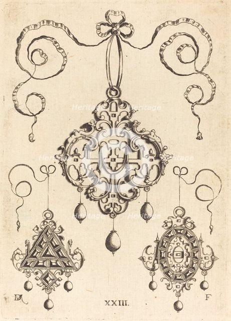 Three Strapwork Pendants, The Lower Ones Triangular and Oval. Creator: Daniel Mignot.