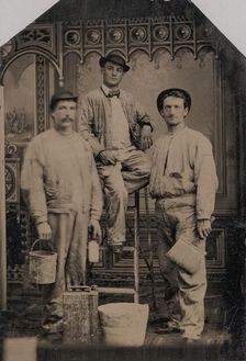 Three Painters, Arranged On and Around a Ladder, with Brushes, Bucket, and Paint Can, 1870s-80s. Creator: Unknown