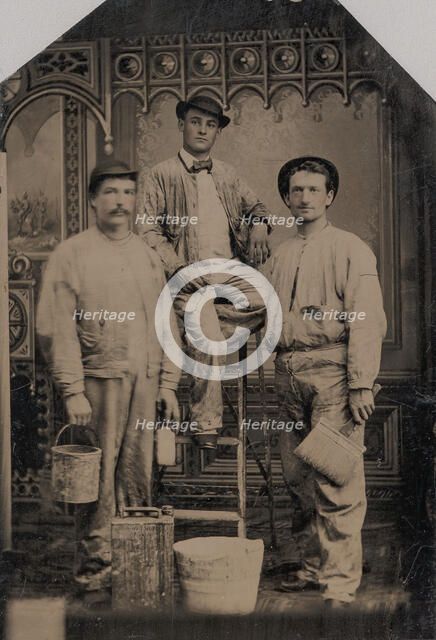 Three Painters, Arranged On and Around a Ladder, with Brushes, Bucket, and Paint Can, 1870s-80s. Creator: Unknown.