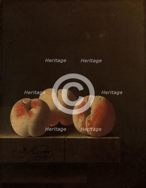 Three Peaches on a Stone Plinth, 1705. Creator: Adriaen Coorte.