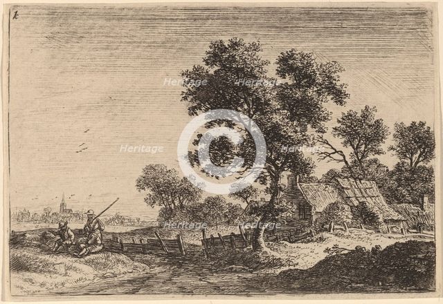 Three Peasants on a Knoll outside a Hamlet. Creator: Anthonie Waterloo.