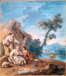 Three peasants resting on a river bank c1750. Artist: Giuseppe Zais