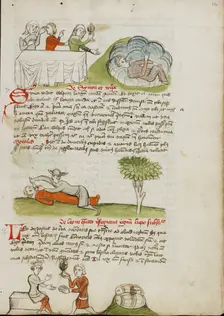 Three People at a Table and a Woman Holding a Storm-Lantern..., third quarter of 15th century. Creator: Unknown