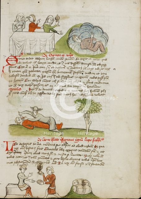 Three People at a Table and a Woman Holding a Storm-Lantern..., third quarter of 15th century. Creator: Unknown.