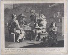 Three people seated around a table at left as a man brings an empty plate..., 1760-70. Creator: Giovanni Volpato