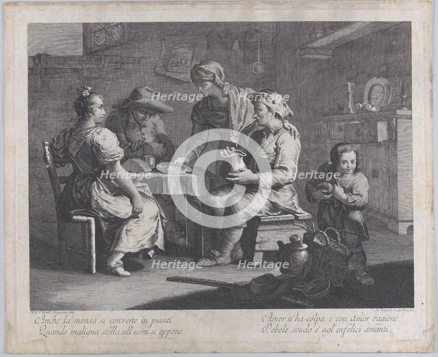 Three people seated around a table at left as a man brings an empty plate..., 1760-70. Creator: Giovanni Volpato.
