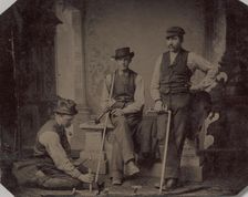 Three Plumbers with Pipes and Tools, 1870s-80s. Creator: Unknown