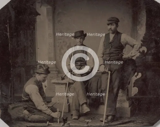Three Plumbers with Pipes and Tools, 1870s-80s. Creator: Unknown.