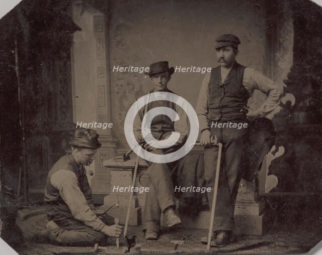 Three Plumbers with Pipes and Tools, 1870s-80s. Creator: Unknown.