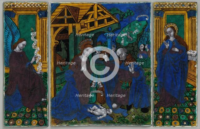 Three plaques from a triptych with the Adoration of the Shepherds..., French, early 16th century. Creator: Unknown.