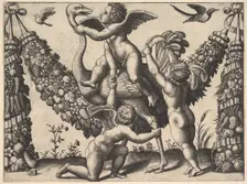 Three putti before a large garland, the one in the middle rides an ostrich, from a ..., ca. 1530-40. Creator: Master of the Die