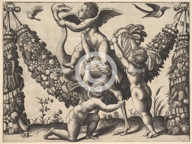 Three putti before a large garland, the one in the middle rides an ostrich, from a ..., ca. 1530-40. Creator: Master of the Die.