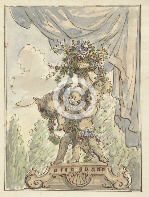 Three putti with a flower basket, 1677-1755. Creator: Elias van Nijmegen.