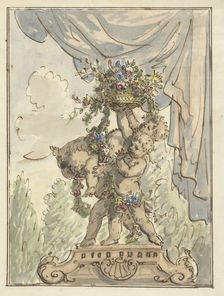 Three putti with a flower basket, 1677-1755. Creator: Elias van Nijmegen