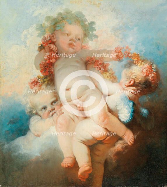 Three putti wreathed with flowers. Creator: Fragonard, Jean Honoré (1732-1806).