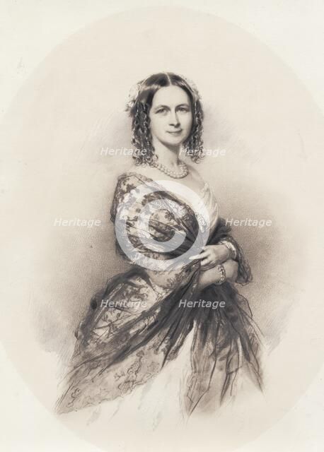 Three-quarter profile portrait of woman in dress with thin patterned shawl, probably 1840s.  Creator: Unknown.