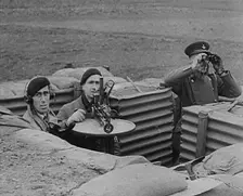 Three Royal Observer Corps Members in a Lookout Post, 1940. Creator: British Pathe Ltd