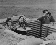 Three Royal Observer Corps Members in a Lookout Post, 1940. Creator: British Pathe Ltd