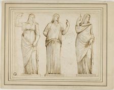 Three Roman Statues of Draped Female Figures and Sketch of Another Statue in Profile to Right, n.d. Creator: Unknown