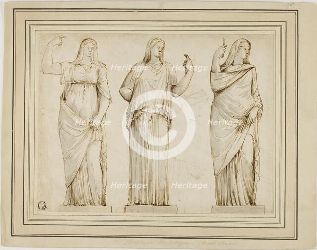 Three Roman Statues of Draped Female Figures and Sketch of Another Statue in Profile to Right, n.d. Creator: Unknown.