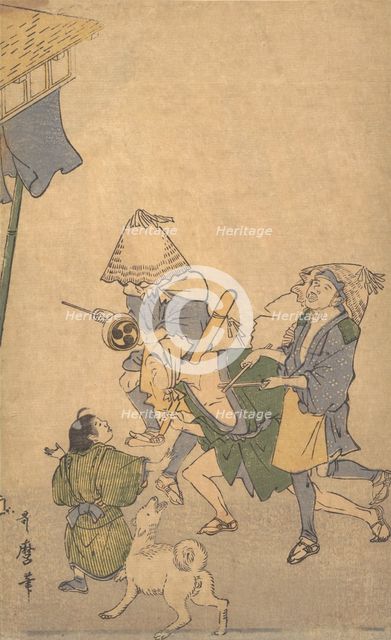 Three Revelers of the Lower Classes, Wearing Komuso Hats..., late 18th-early 19th century. Creator: Kitagawa Utamaro.