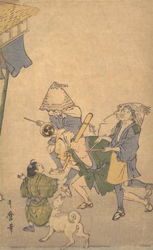 Three Revelers of the Lower Classes, Wearing Komuso Hats..., late 18th-early 19th century. Creator: Kitagawa Utamaro