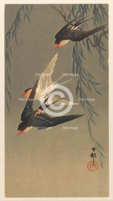 Three red-rumped swallows in a dive, 1920-1930. Creator: Ohara, Koson (1877-1945).