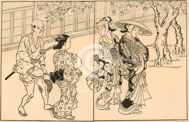 Three women and male servant, 1730, (1924). Creator: Nishikawa Sukenobu.