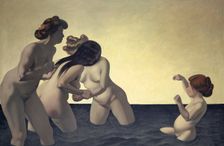 Three Women and One Little Girl Playing in the Water, 1907. Creator: Felix Vallotton
