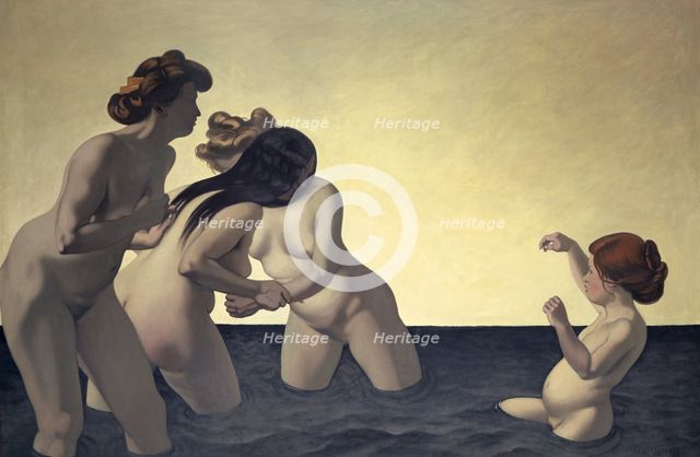 Three Women and One Little Girl Playing in the Water, 1907. Creator: Felix Vallotton.