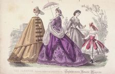 Three women and a child wearing the latest fashions, 1864. Artist: Anon