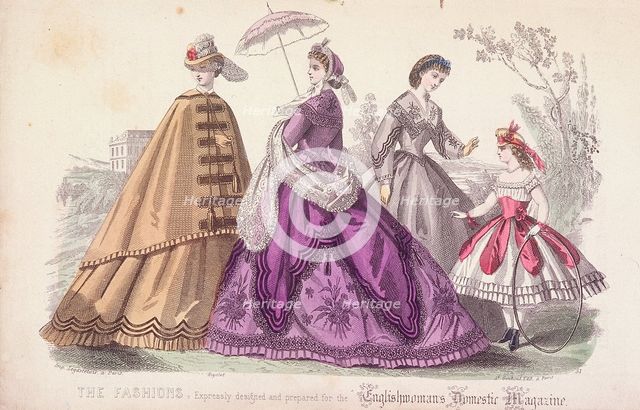 Three women and a child wearing the latest fashions, 1864. Artist: Anon