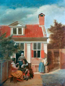 Three Women and a Man in a Courtyard behind a House c1657-1659. Artist: Pieter de Hooch