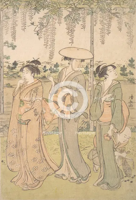 Three Women and a Small Boy beneath a Wisteria Arbor on the Bank of a Stream, ca. 1790. Creator: Torii Kiyonaga.